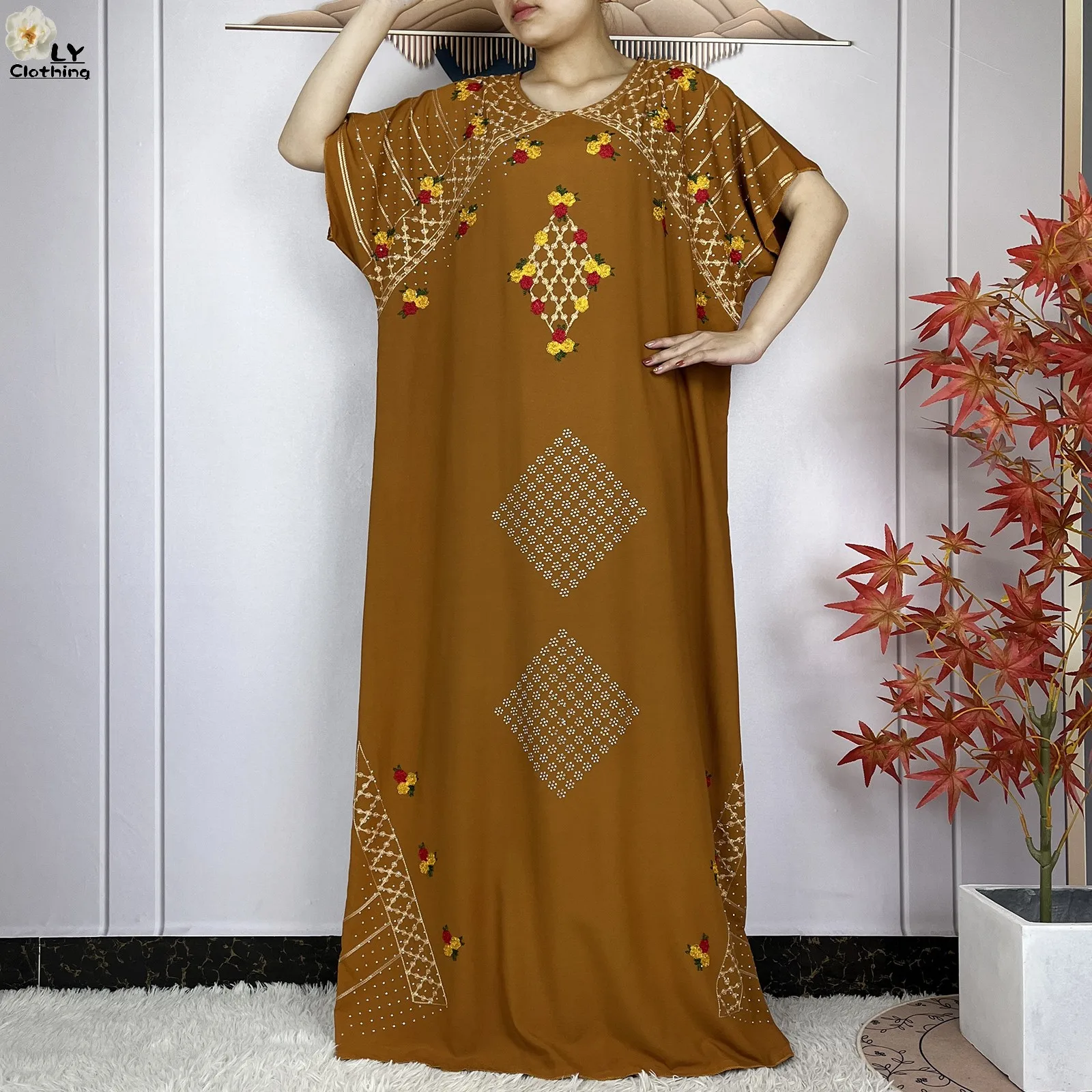 New Muslim Abaya Femme Short Sleeve Dress With Big Scarf 2024 Summer Women Loose Maxi Embroidery Cotton African Islamic Clothing