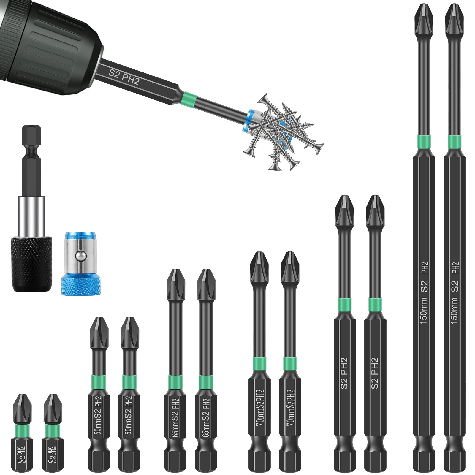 New 14 件 Magnetic Screwdriver Bit Set 1/4Inch Hex Shank Ph2 Impact Cross Bit Set 25-150mm S2 Alloy Steel Cross Head Drill Bit