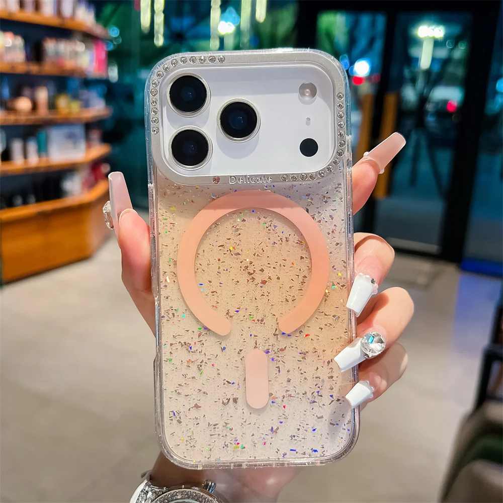 Funda magnética con diamantes brillantes de colores dulces degradados para iPhone 17 Pro Max, Funda de Gel de lámina plateada ostentosa, Funda para iPhone Air