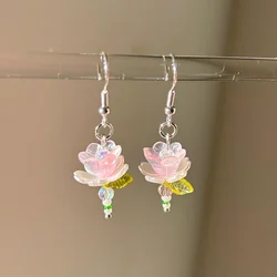 Handmade Y2k Pink Flower Earrings Beaded Lotus Flower Earrings Fairycore Jewelry Dainty Bead Accessory Gift Idea Earrings