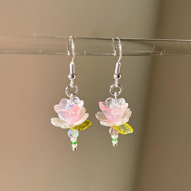 Handmade Y2k Pink Flower Earrings Beaded Lotus Flower Earrings Fairycore  Jewelry Dainty Bead Accessory Gift Idea Earrings