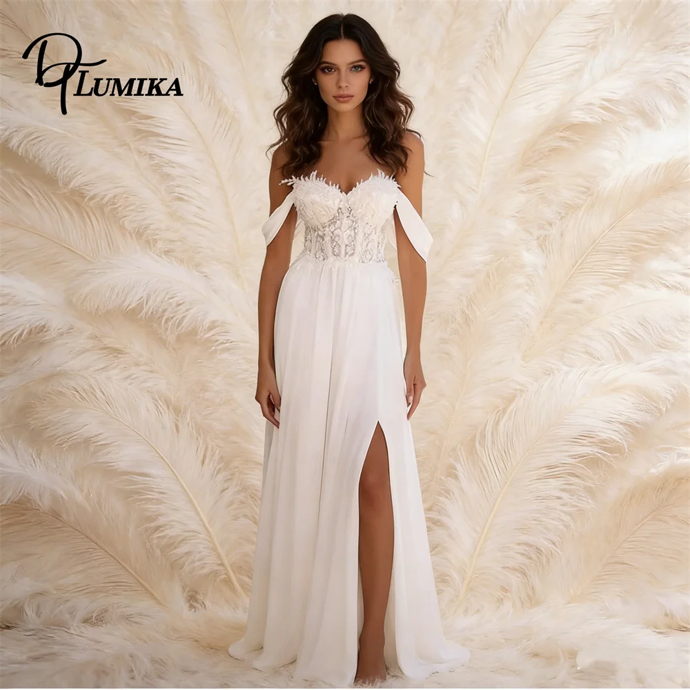 

Simple Chiffon Bride Dress Reception Wedding Dresses Off the Shoulder Sleeves Side Split Sweetheart Corset Women Bridal Gown