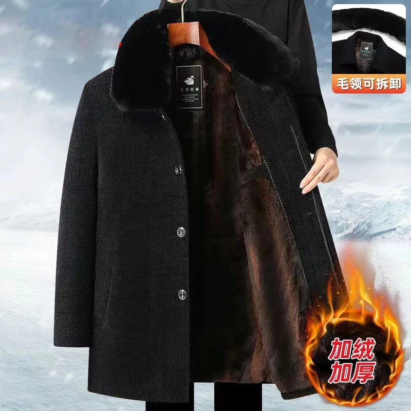 

Middle Aged Elderly Winter Medium Long Mens Coat With Fur Collar Warm Coat With Plush Thick Woolen Coat Man Coat Jacket Clothes