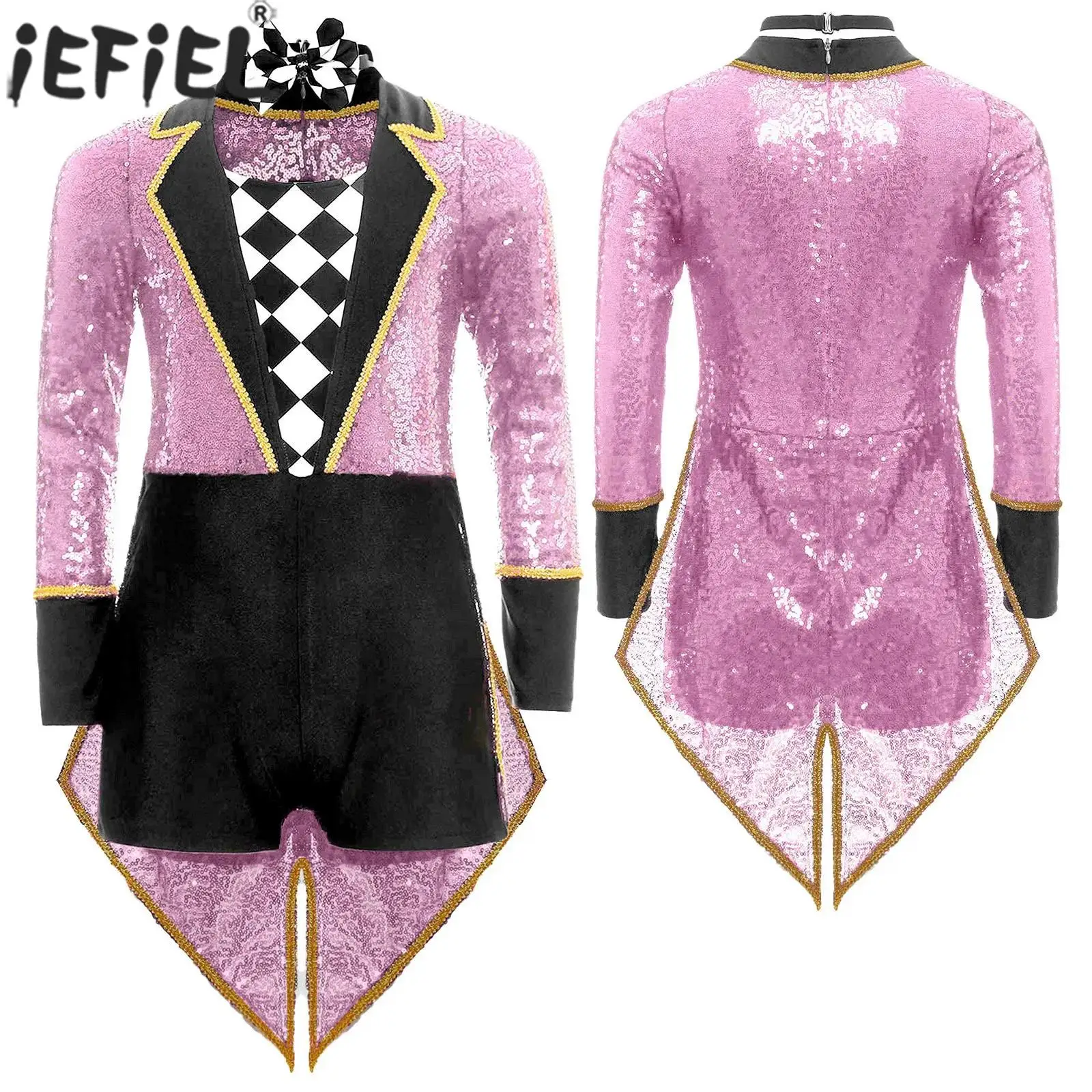 Kids Long Sleeve Sequin Circus Ringmaster Bodysuit Tailcoat with Bow Tie Halloween Carnival Magician Cosplay Performance Costume