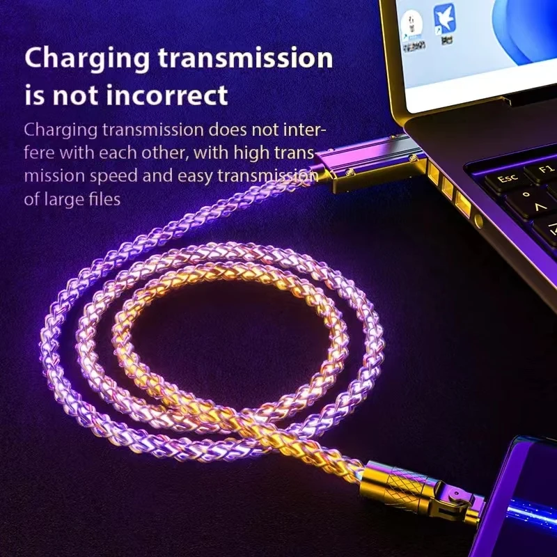 120W Glowing LED Fast Charging Cable 180° Rotatable RGB 6A USB A to Type C Micro USB for Xiaomi Huawei Samsung Charging Cable