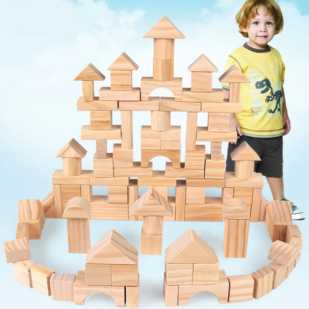 

100Pcs Wooden Natural Wood Cubes Stacking Set for Kids Preschool Educational Intelligence Castle Blocks Development