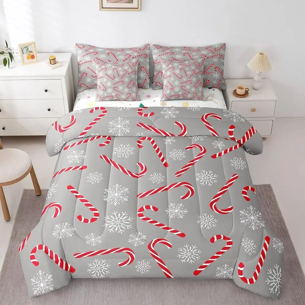 

7-Piece Christmas Candy Cane Bedding Set: Festive Comforter with Sheet for Kids & Teens