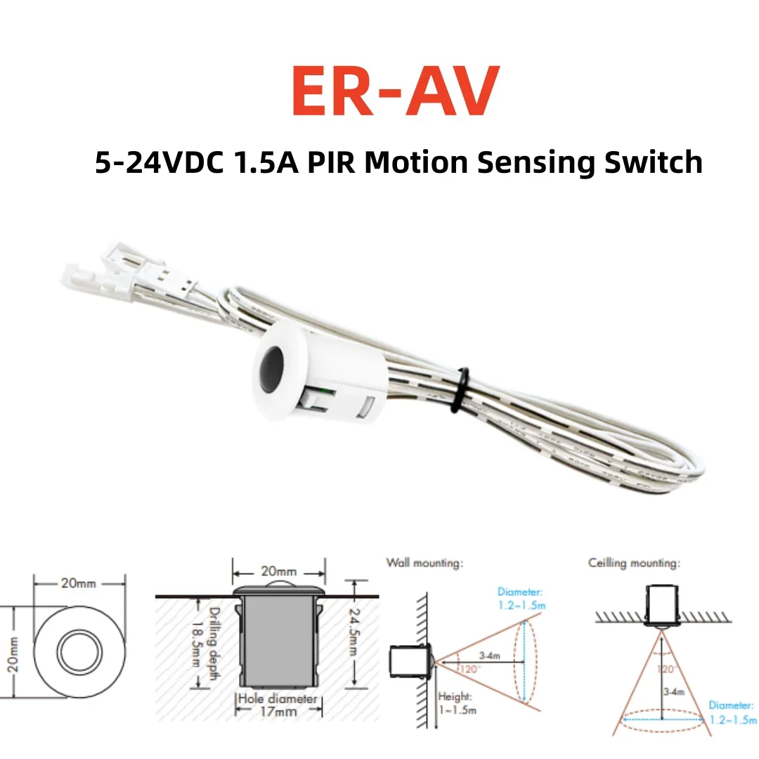 5V-24V 1.5A PIR Motion Sensing Switch ER-AV Concealed PIR Motion Dimmer Controller for 5050 2835 5730 12V Single Color Led Strip