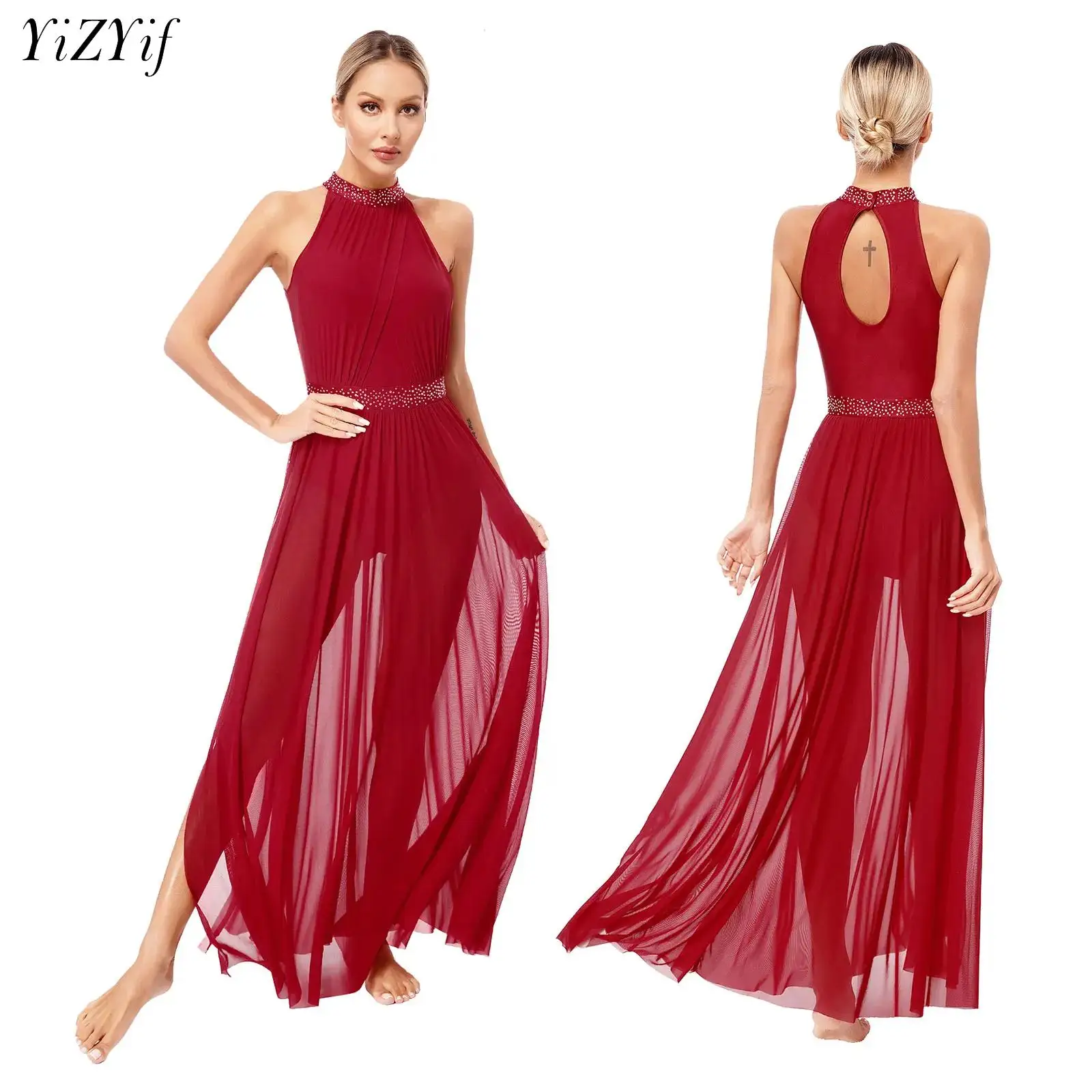 Womens Modern Lyrical Dance Dress Latin Jazz Dancewear Rhinestones Side Split Mesh Maxi Dress Gymnastics Figure Skating Costume