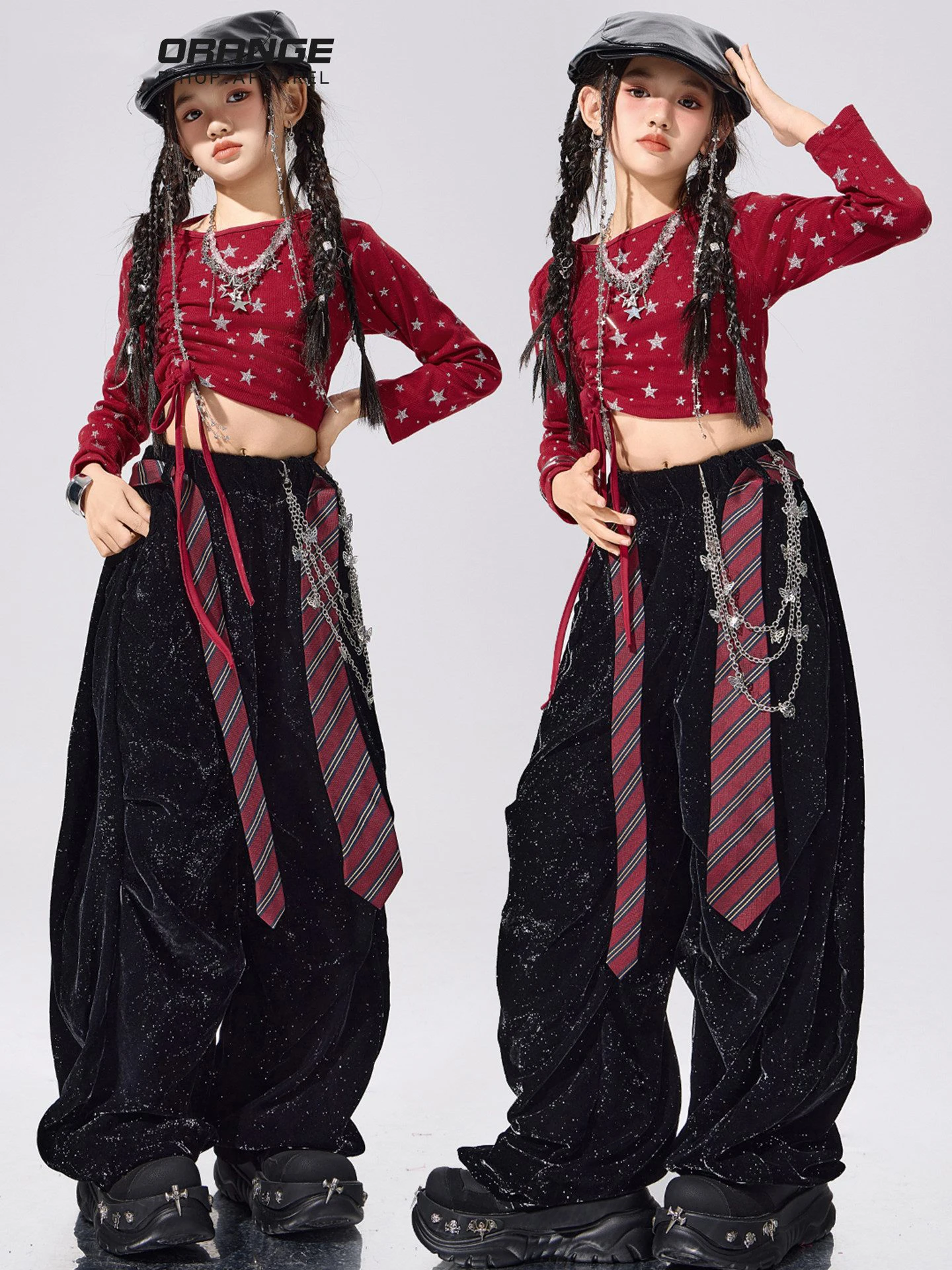 

Костюм для джазовых танцев в стиле хип-хоп для девочек, красные топы с длинными рукавами, черные мешковатые брюки, костюм для выступлений, одежда Kpop, крутая уличная одежда BL18242