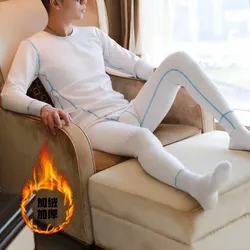 Youth Winter Warm Suit for Men Tight Fitting Autumn Clothe and Pant Set Plush Thick Cotton Wool Thermal Underwear Comfy Leggings