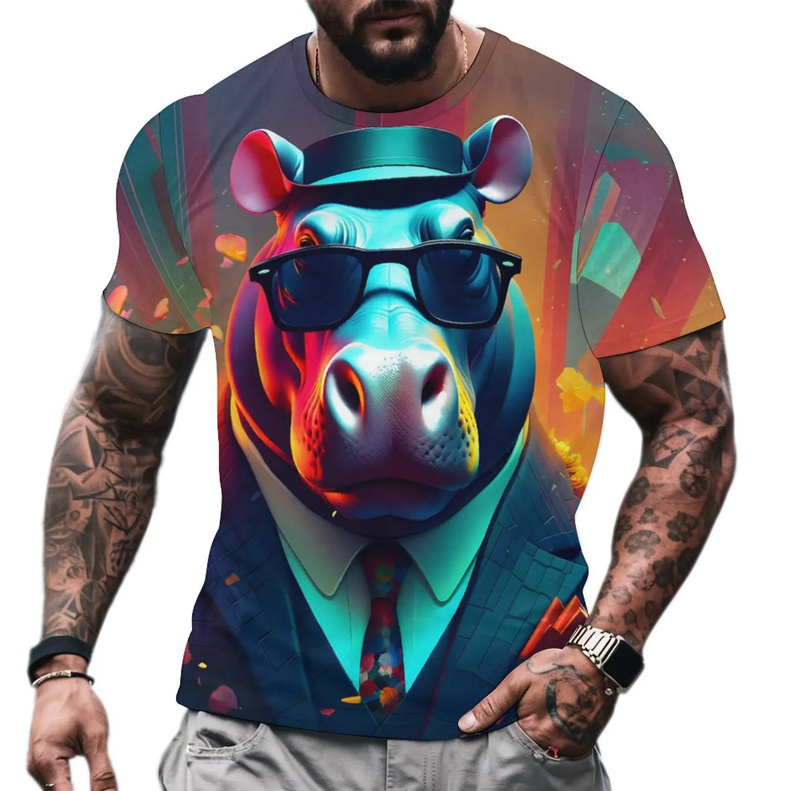 Summer Men's Short Sleeve Personality Hippo 3d Printed Tropical Top Oversized Harajuku Street Men's Casual Crewneck Design Tees