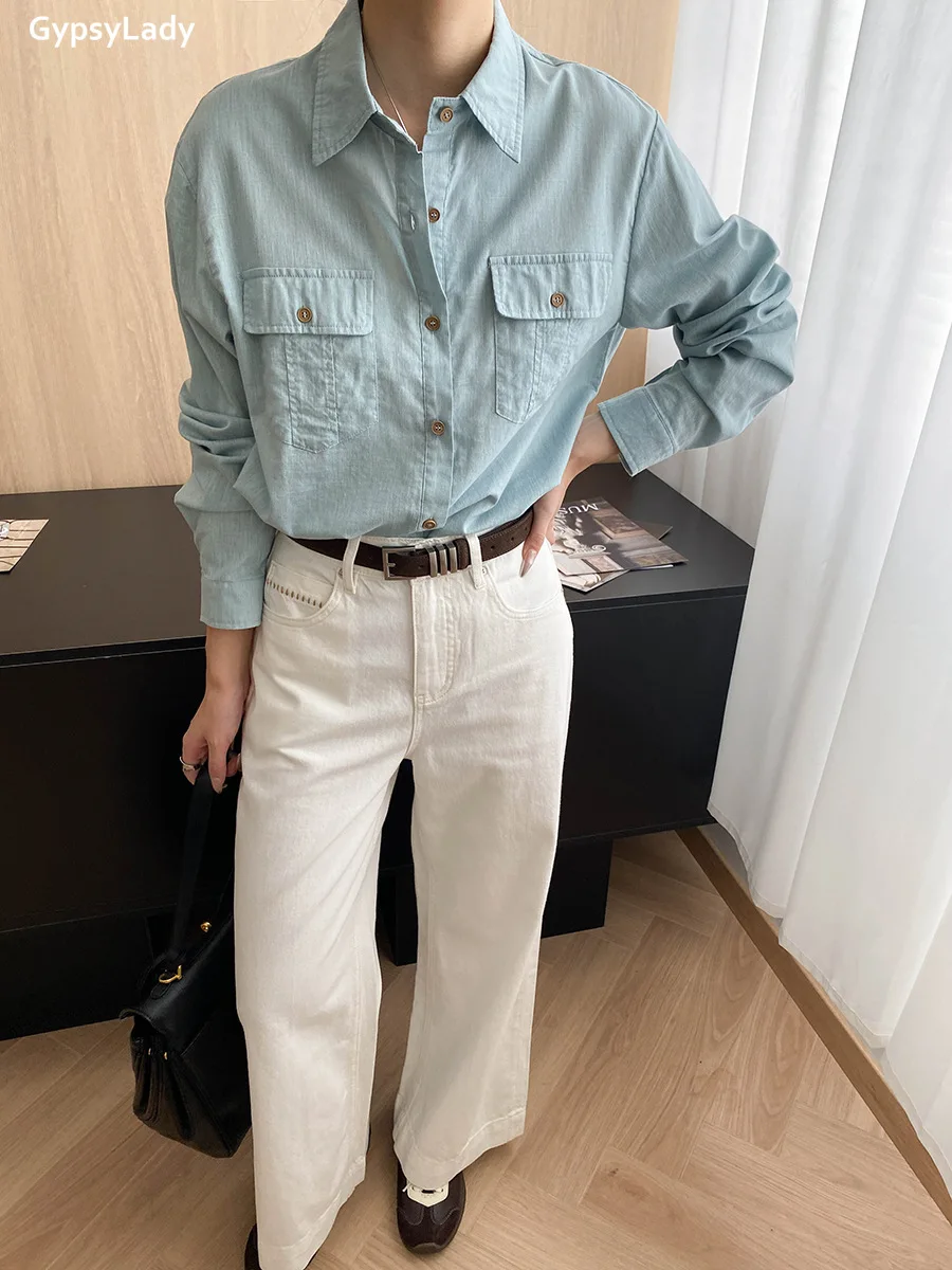 French Chic Elegant Blouse Shirt  Women Blue Linen Spring Autumn Women Long Sleeve Pocket Casual Office Ladies Top Shirts New