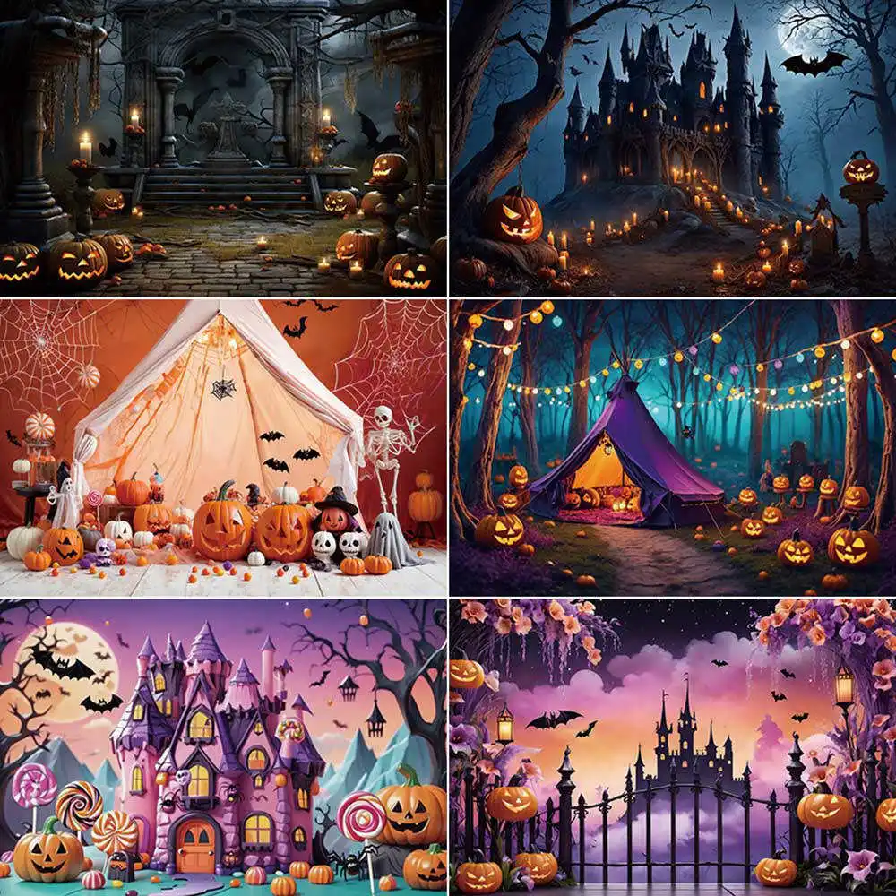 

MOON.QG Pumpkin Castle Halloween Photography Backdrop Bats Bats 2025 Photozone Background Child Studio Photozone Accessories