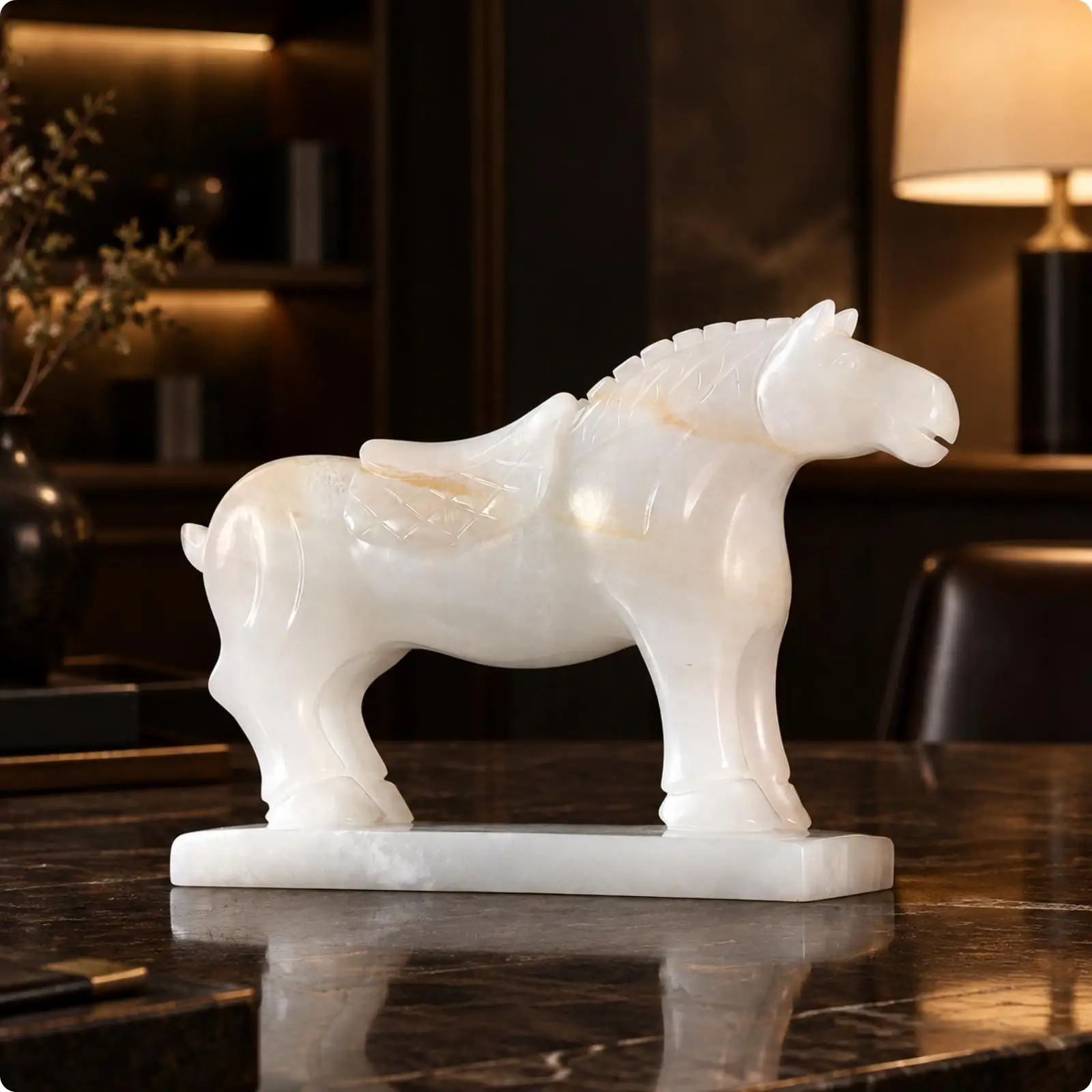 Carved Marble Horse Decor Standing Stallion Statue Smooth Finish Decorative Animal Figurine for Mantel Cabinet Showcase Gift