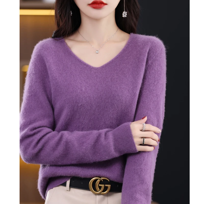 100% wool cashmere sweater Women\'s loose fitting casual knit V-neck pullover 2023 new high-quality autumn and winter sweater