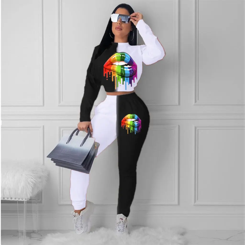 

Женский костюм контрастного цвета, европейская и американская мода, спортивный комплект с длинными рукавами для отдыха, одежда