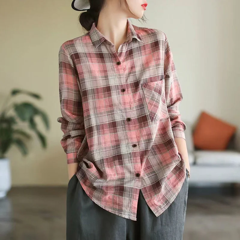 Fashion Lapel Button Spliced Pockets Lattice Shirt Women Clothing 2022 Autumn New Loose Casual Tops All-match Korean Blouse