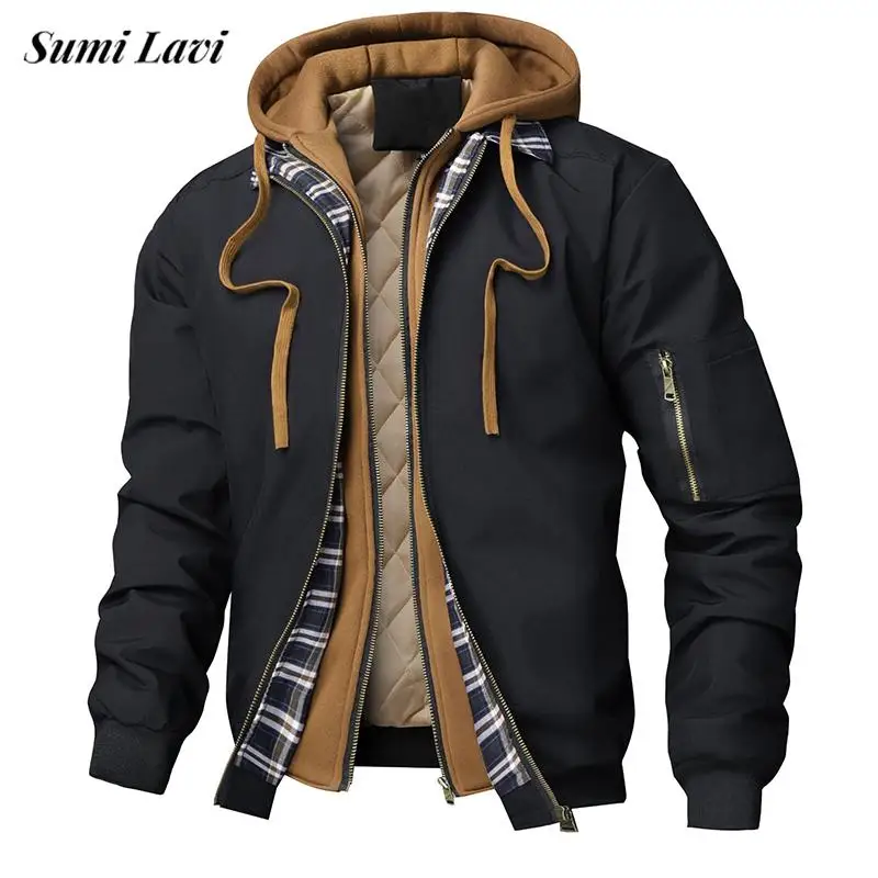 

Classic Men's Patchwork Hooded Jackets Autumn Winter Outdoor Warm Thicked Outerwear Mens Vintage Zipper Multi Layer Design Coat