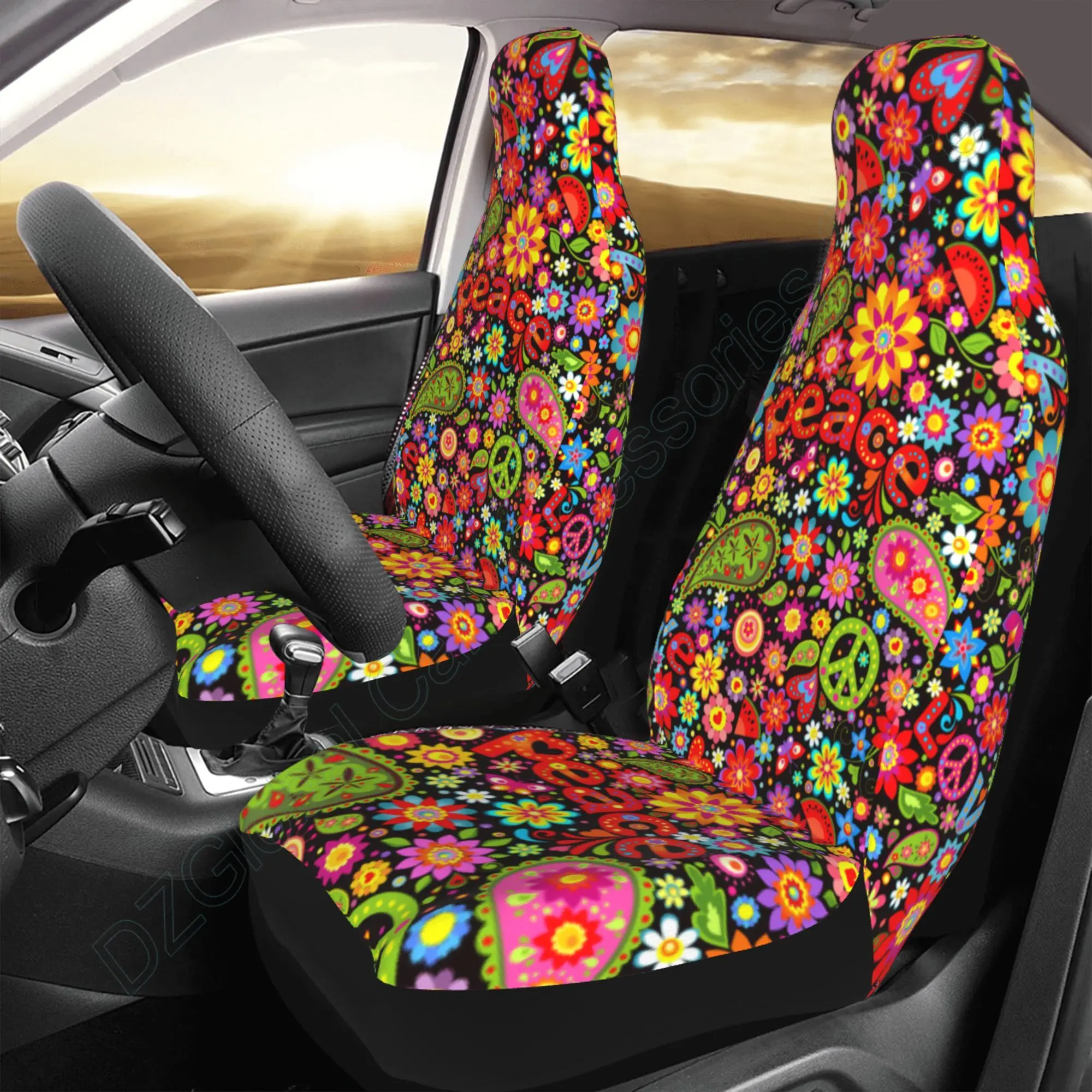 Hippie Colorful Floral Car Seat Covers Set 2 Pcs Auto Interior Car Accessories Protetors Car Mat Covers Vehicle