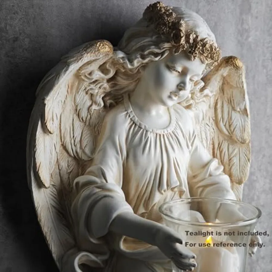 BC Home Decor Angel Statue, Guardian Angel Candle Holder Tea Light Angel Wall Sculpture, Cherub Wall Sconce for Home Hallway, 1