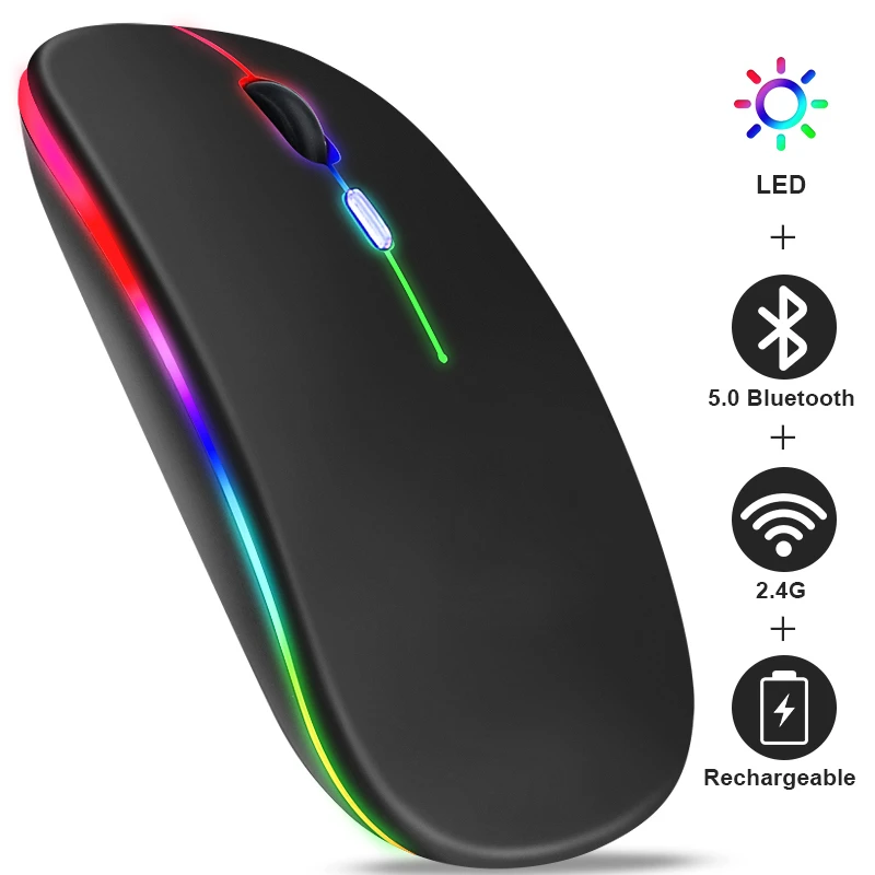 ماوس لاسلكي بلوتوث قابل لإعادة الشحن مع 2.4 جيجا هرتز USB RGB 1600 ديسيبل متوحد الخواص للكمبيوتر المحمول والكمبيوتر اللوحي ماك بوك ماوس الألعاب