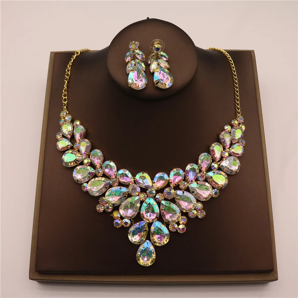 Bridal jewelry European and American rhinestones teardroplet necklace earring set wedding jewelry accessories