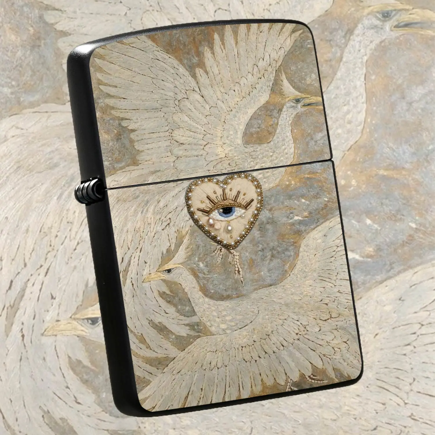 Retro Art Style Lighter With Pattern Of Two White Divine Birds Guarding All-Seeing Eye In Pearl Heart, Exquisite Aesthetic Portable Accessory For Daily Use Gatherings Gifting, Unique Artistic Sophisticate A Humorous And Interesting Lighter