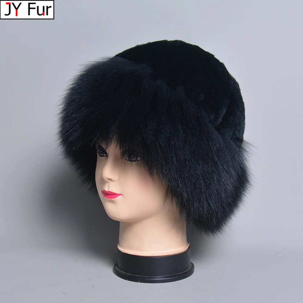 

Luxury Lady Winter Genuine Fox Fur Cap Beanies Warm Soft Fluffy Natural Fur Hat Women Winter Hat Real Rex Rabbit Fur Bomber Hats