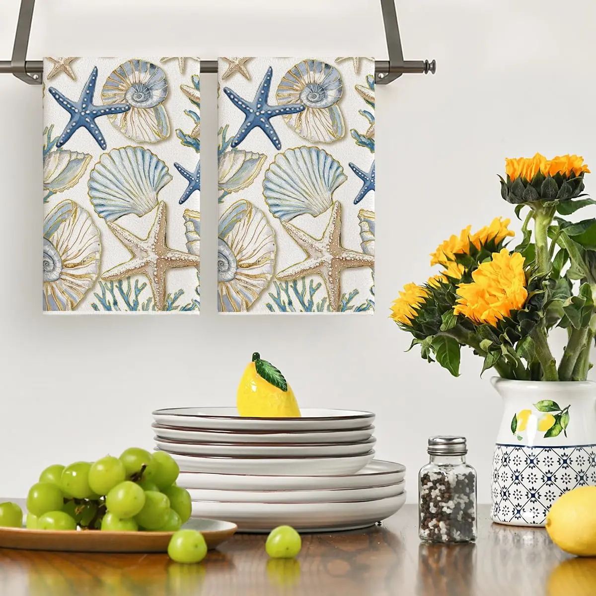 2Pcs, Starfish Shell Kitchen Towels, 40Cm*60Cm Towel Set, Best Bath Towel, Super Absorbent Soft Cleaning Cloth, Cooking and Baking Tea Towel, Hand Towel, Cleaning Cloth, Dishcloth, Kitchen Decoration, Living Room Decorations, Kitchen Essentials, Home Essentials