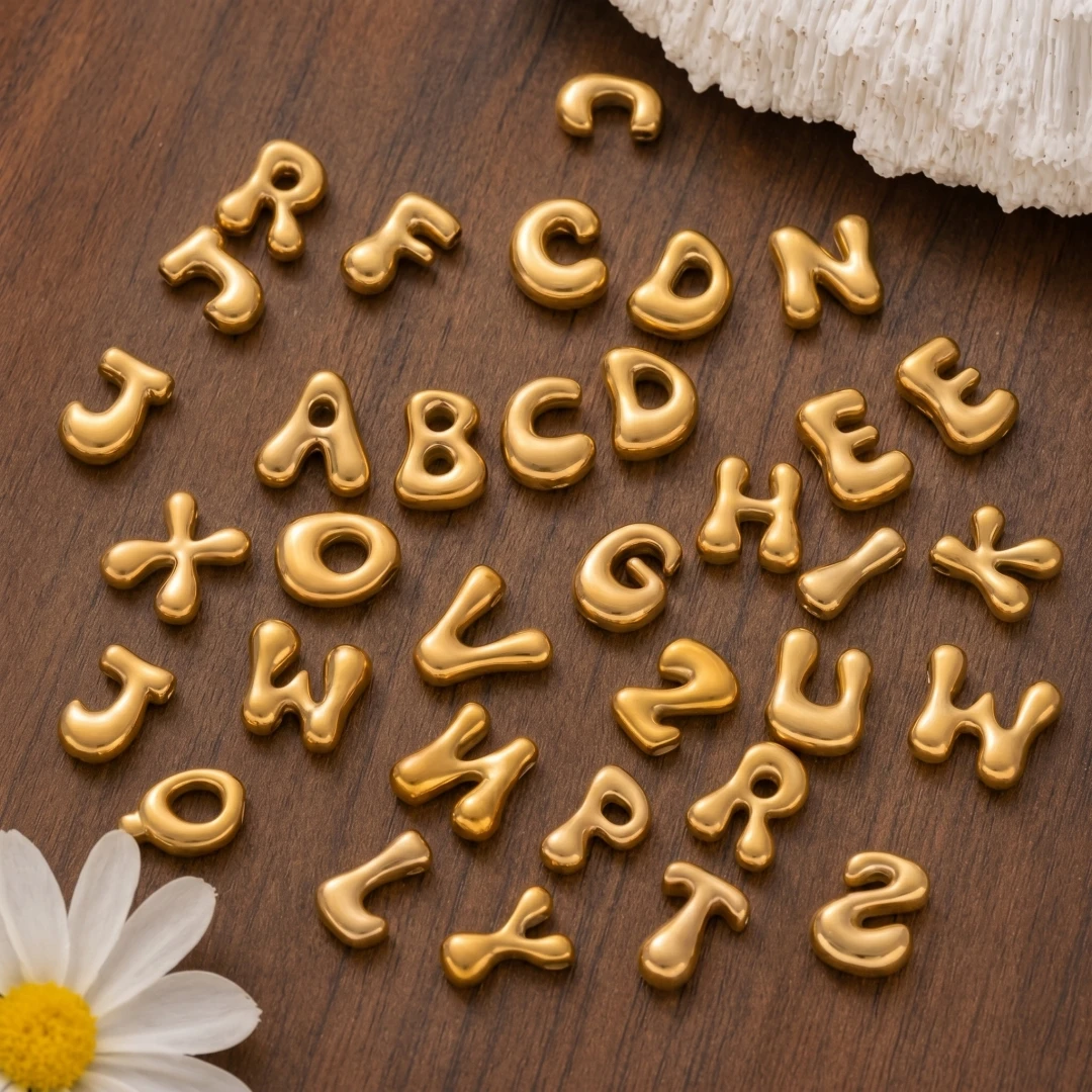 5Pcs Stainless Steel Gold Plated Capital 26 Letter Irregular Bubble Initial Pendant Charms English Letter Beads For DIY Jewelry