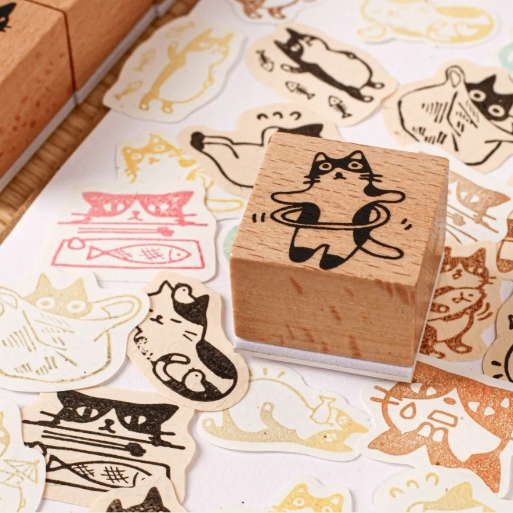 

New Vintage Style Wooden Stamp Cartoon Cat DIY Journaling Seal Stamping Rubber Base Student Stationery for Scrapbook