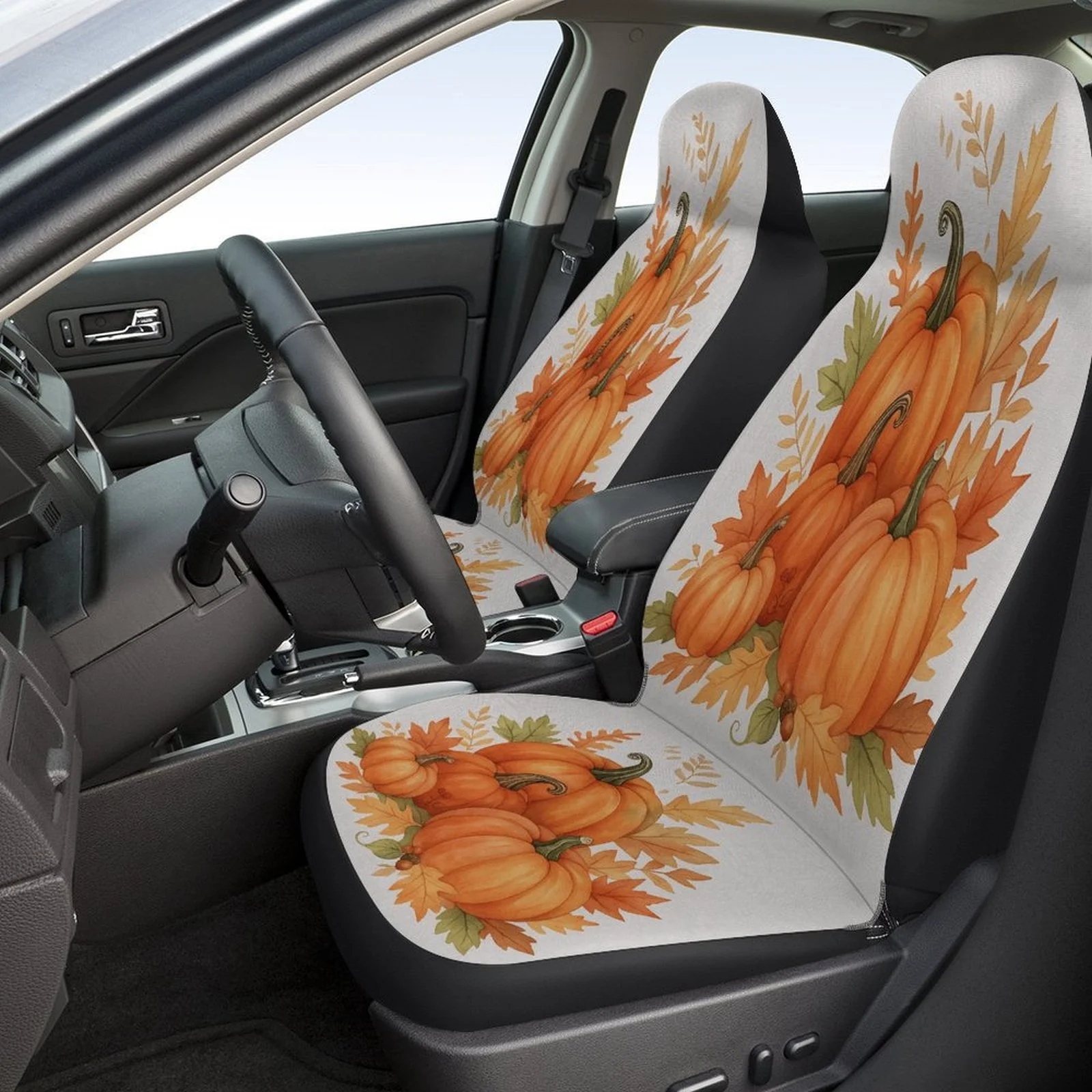 Autumn Pumpkins Designed Car Seat Cover Set For Most Cars, Trendy Novelty High-quality Car Seat Protector Covers Full Set, Unive
