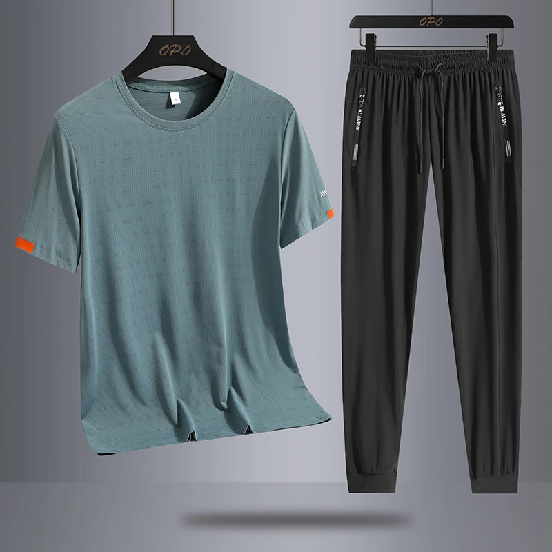 Ice Silk Quick Drying Set Trendy Ice Cool Mesh Quick Drying Breathable Short Sleeve T-shirt Long Pants Sports Two Piece Set men