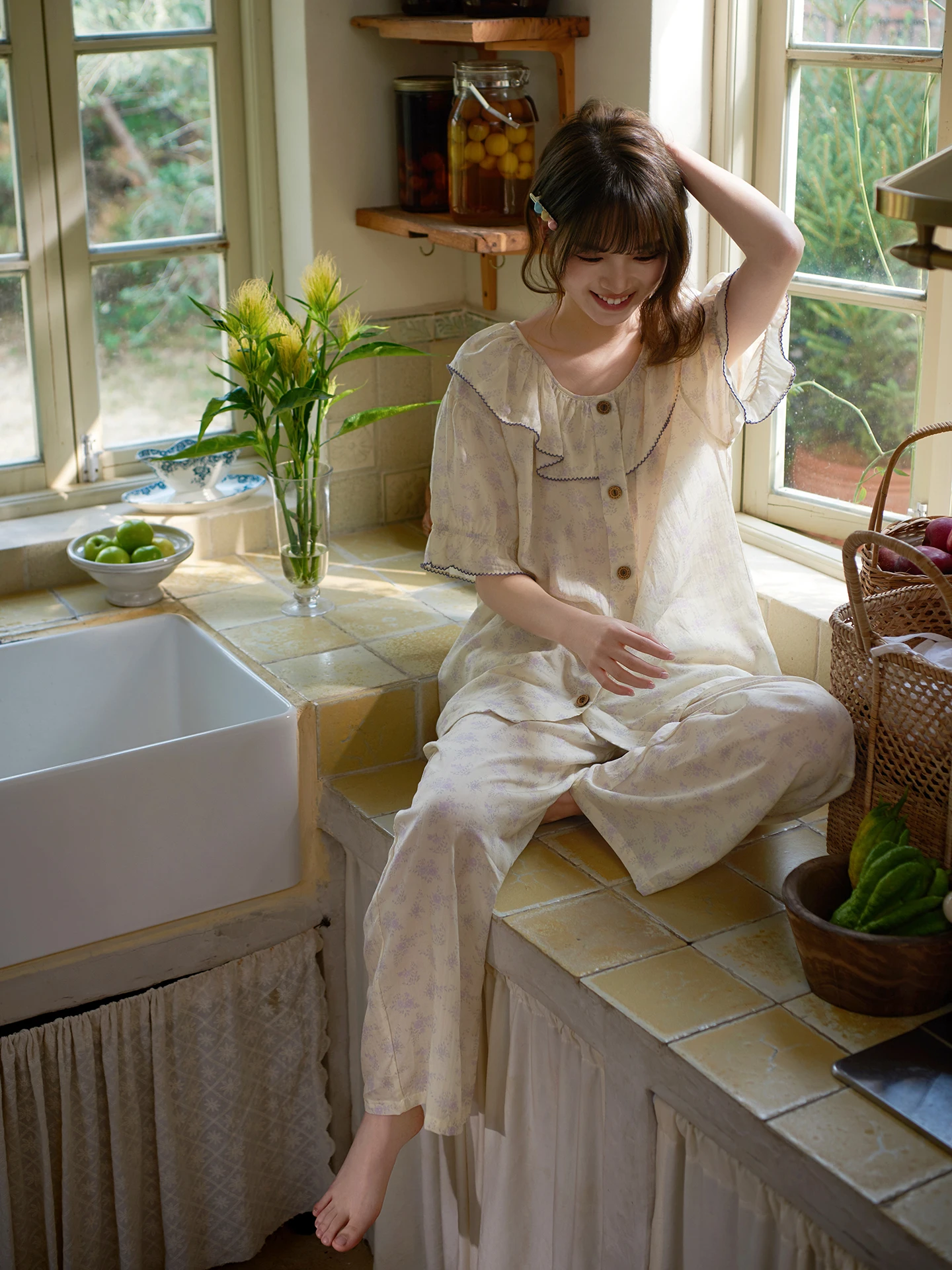 princess-mark-summer-new-sweet-style-women's-sleepwear-linen-short-sleeve-long-pants-cool-feeling-home-clothes-outdoor-wear