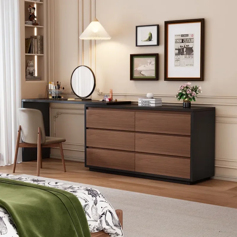 Medieval Solid Wood Dresser Chest with Integrated Corner Desk Modern Simple Bedroom Vanity Table for Home Furniture Storage