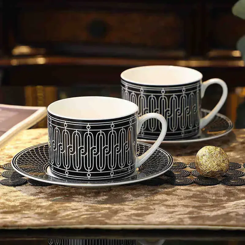 European Style Home Simple Ceramic Tea Cup Classic Black Background White Line 250ML Coffee Cup