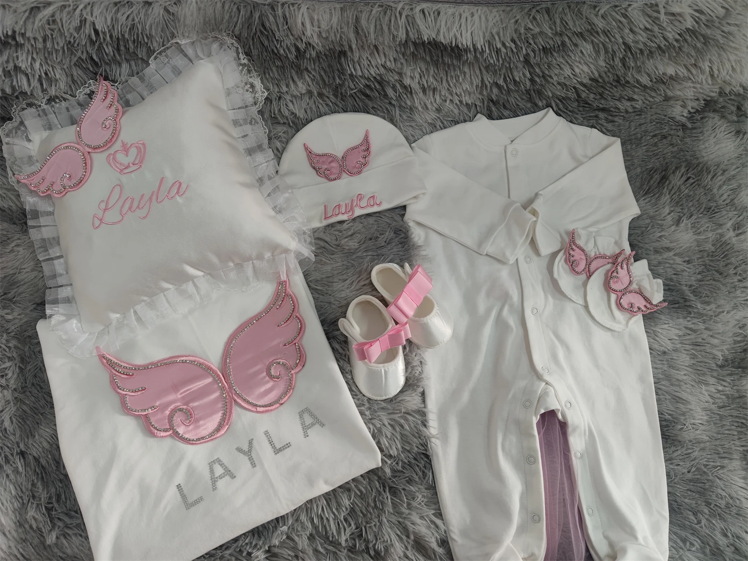 Charming Personalized Baby Girl Angel Wing 6Pcs Pink Tutu Romper Name Embroidery Newborn Coming Home Outfit Luxury Shower Gift