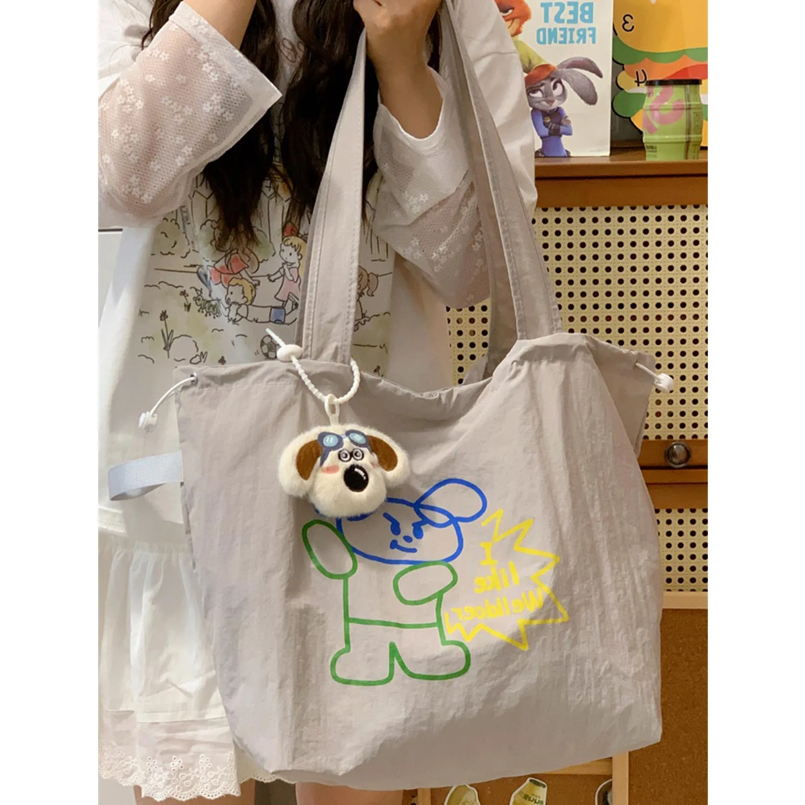 

Lazy style printed shoulder bag, Korean style candy colored large capacity tote bag, women's canvas bag, cloth bag, handbag