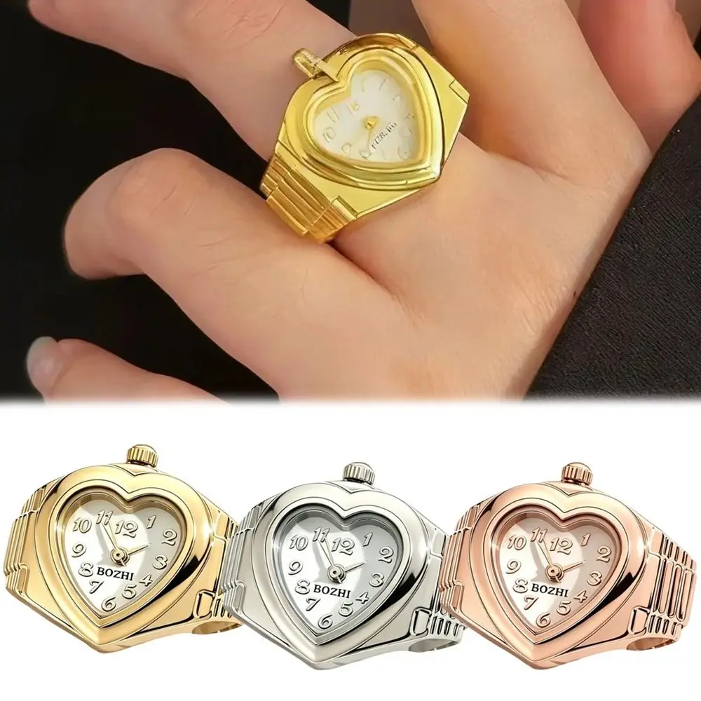 Stainless Steel Mini Finger Watch Adjustable Elastic Strap Heart Shaped Ring Watch Quartz Movement Mini Clock Alloy Ring Watch