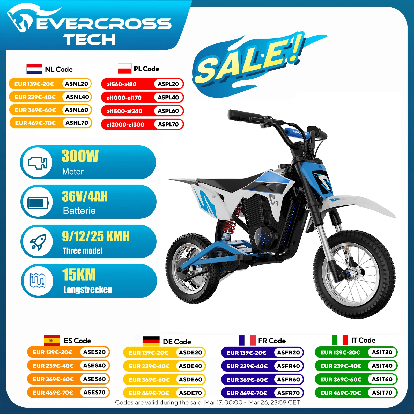 Kinder Elektro Motorrad EVERCROSS TECH EV12M Pro - 300W, 25 km/h, 15 km Reichweite, Bluetooth & LED,