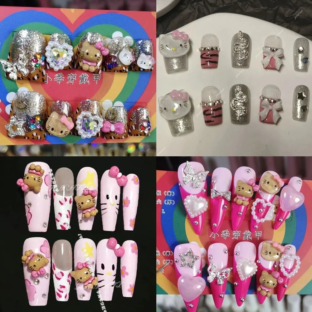 10Pcs Y2K Duckbill Square Almond Fake Nail Art Sanrios Hellokitty Rhinestone French Wearable Long Fasle Nail Tips Manicure Patch