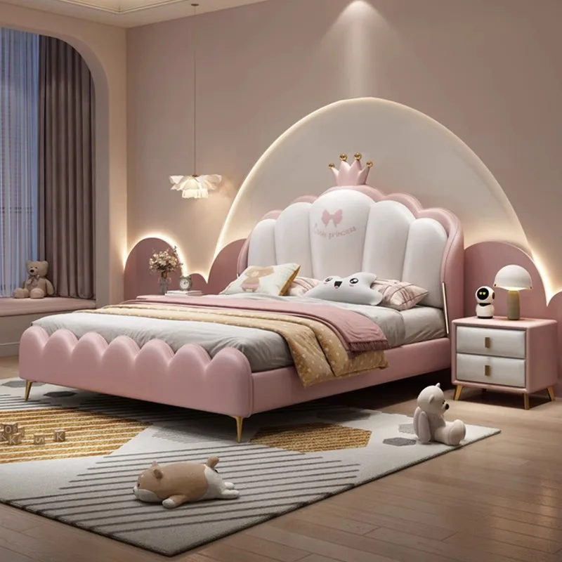 Children's Bed Girls' Princess Crown Bed Modern Simple Light Luxury Wood Bed for Villa Apartment