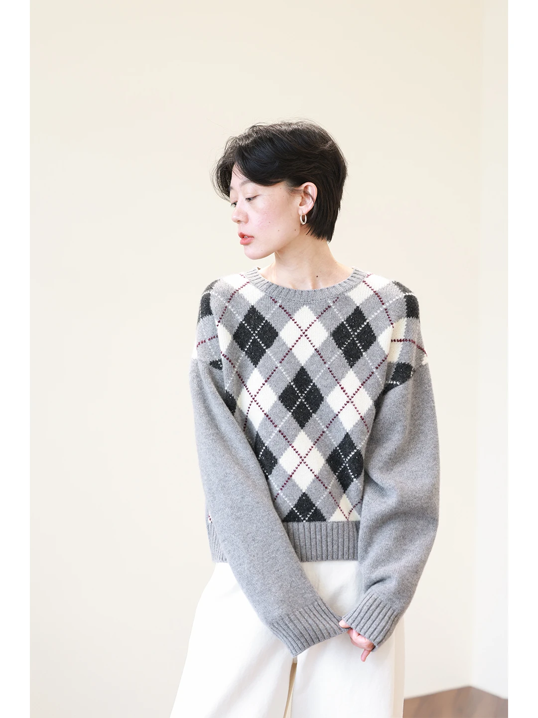 

Теплый женский свитер из 100% шерсти с ромбовидным узором, свободного кроя, вязаный, мягкий, с длинными рукавами, круглым вырезом, для осени и зимы