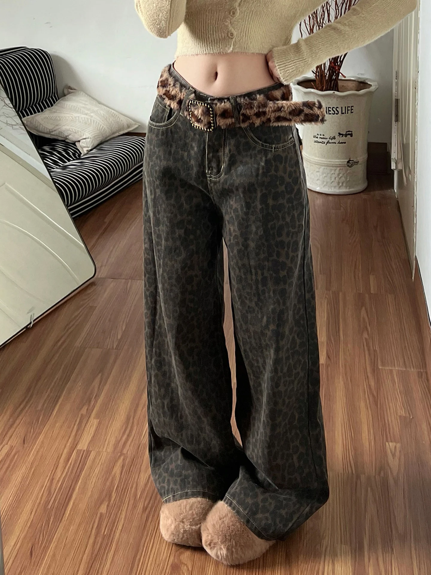 

American Sle High Waist Wide Leg Denim Pants Women's Straight Cut Drapey Leopard Print Trendy Slimming Winter New Arrival