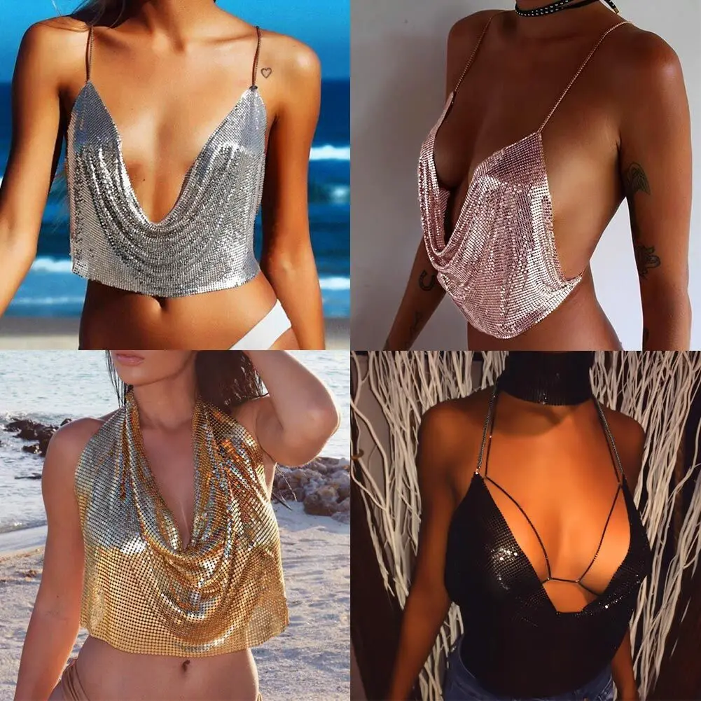Funkelndes Gold-Silber Metall-Mesh Neckholder-Top für Damen Tiefer V-Ausschnitt Rückenfreies Crop-Top Party Club Nachtausgeh-Oberteil Cami-Weste Drophip – Detail 2