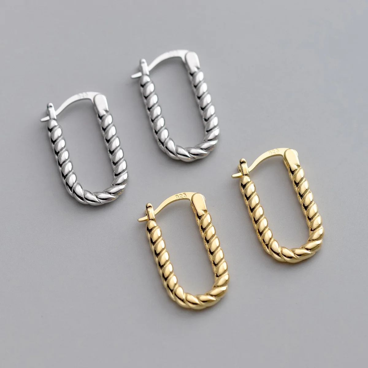 

New Fashion 925 Sterling Silver Oval Fried Dough Twists Rope U-shaped Gold Ear Buttons Geometric Earrings Female TYB277