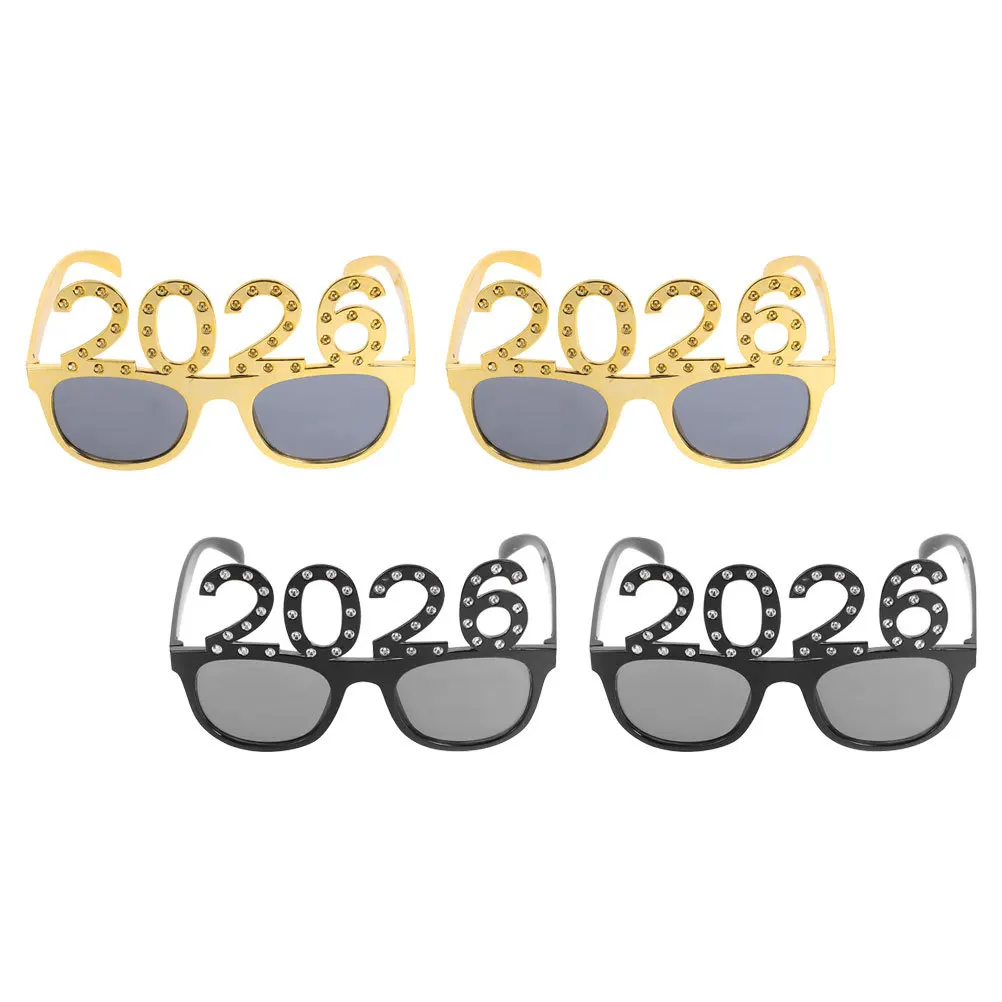 

4Pcs Party Decorative Glasses 2026 Glitter Number Frame Rhinestone Embellished Nye Photo Props for Adult Celebration Event
