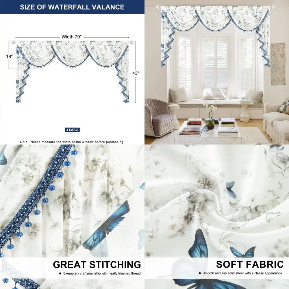 

Широкие прозрачные шторы с принтом бабочки и кисточками, 79x43, светофильтр для кухни, гостиной, детской комнаты