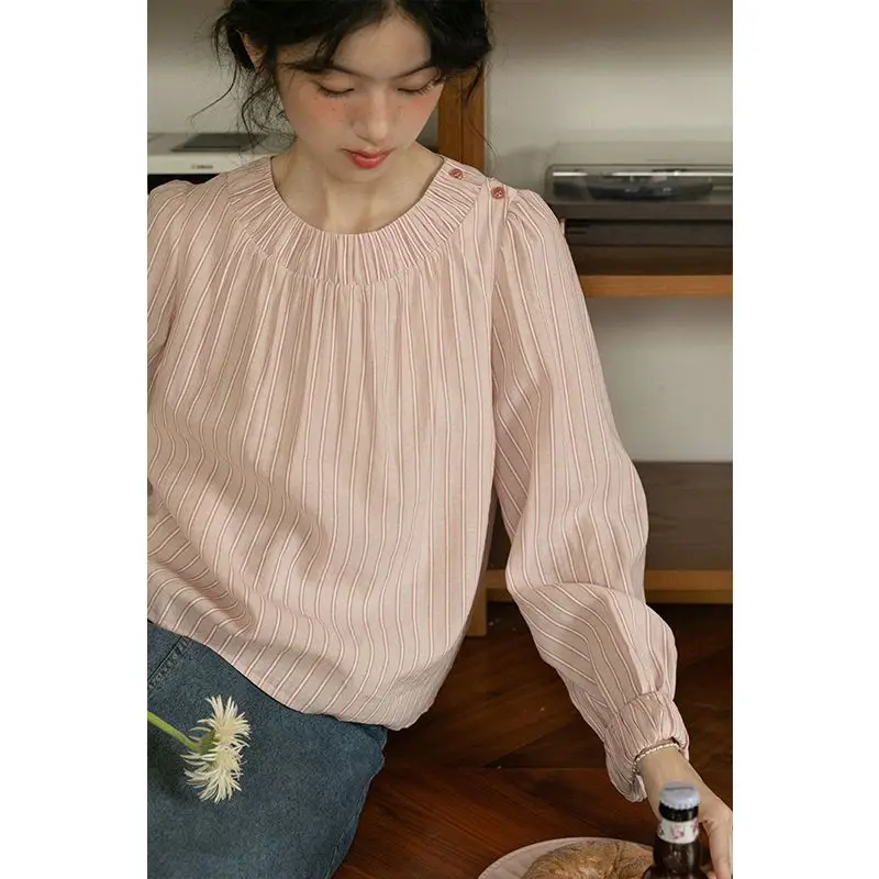 2024 Early Autumn Pink Striped Shirt Women's Autumn French Retro Bubble Sleeve Round Neck Pullover Long Sleeved Niche Top